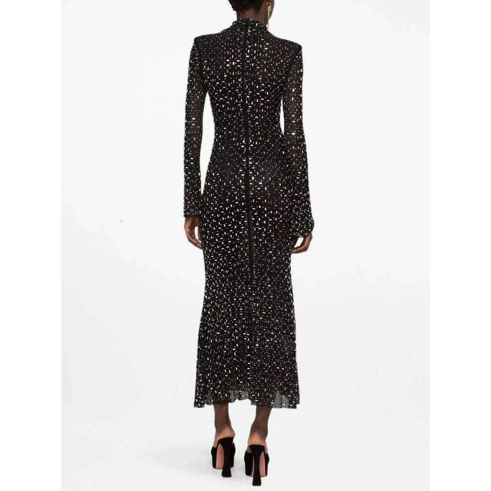 Sexy Turtleneck Sleeve Mesh Crystal Dia Long Dress Women Black Bright Rhinestone Beads Slim Dresses Evening Party Gowns