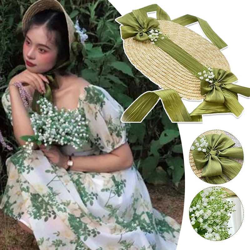New Arrival Women Victorian Wedding Tea Party Bonnet Handmade Lolita Retro Green Flower Bow Beach Sun Straw Weaving Hat French Pastoral Cap U250616