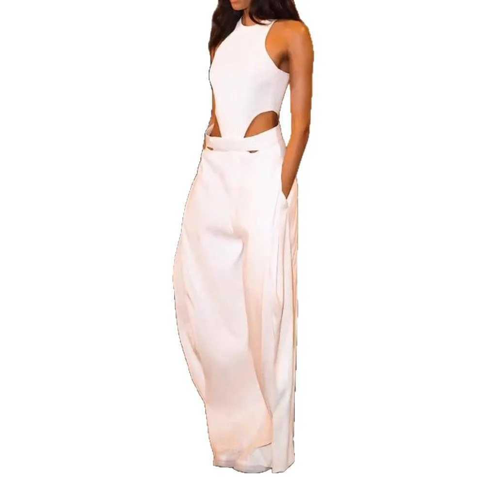 Fashion Jumpsuits For Women Summer O Neck Sveless Hollow Out Slim White Wide Leg Jumpsuit Girl High Street Chic Sexy JumpsuitXJ250616