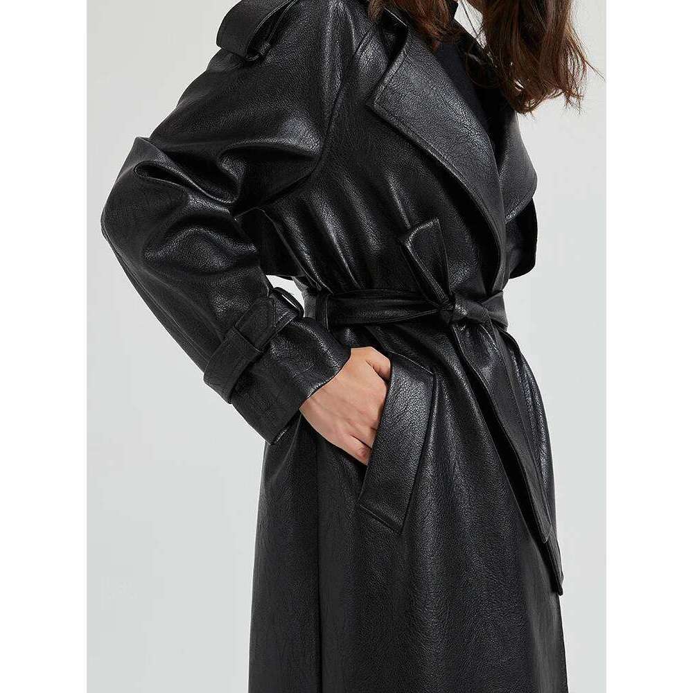 Lautaro Spring Autumn Extra Long Brown Pu Leather Trench Coat for Women Sashes Chic Overcoat Runway European Fashion