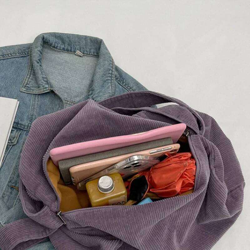 Corduroy Fabric Big Capacity Bostom Handbag Vintage Y2k Emo Ita Chic Winter Textile School Laptop Soft Slouchy Side Shoulder Bag