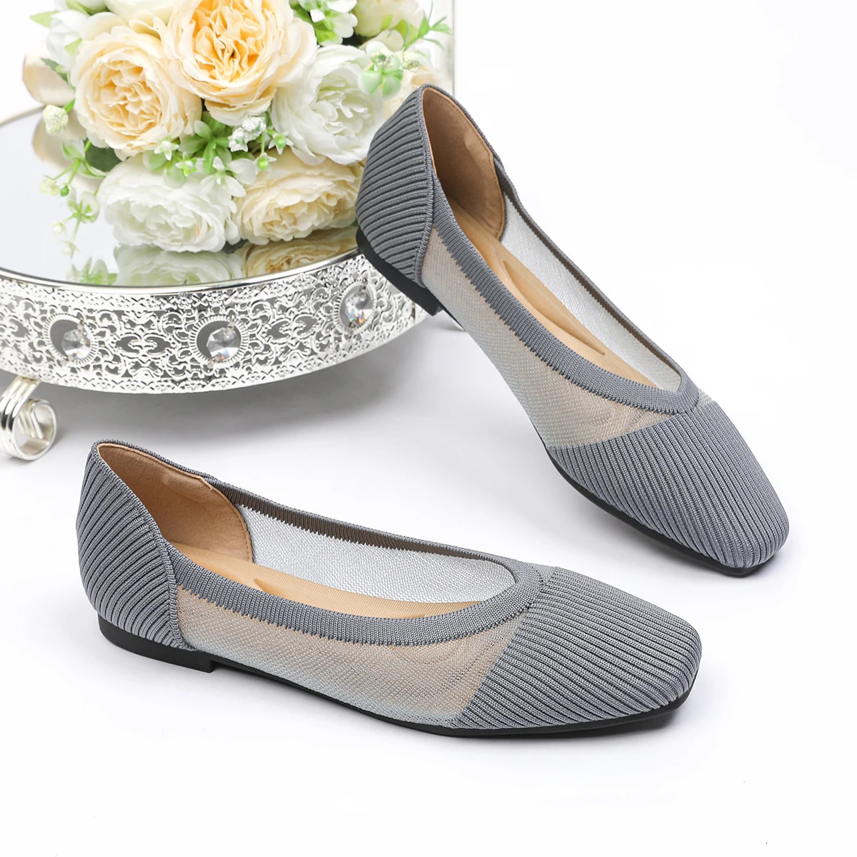 2025 Womens Flat Shoes Knitted Mesh Breathable Square Rubber Sole Anti slip Casual Comfortable Shoes 250613