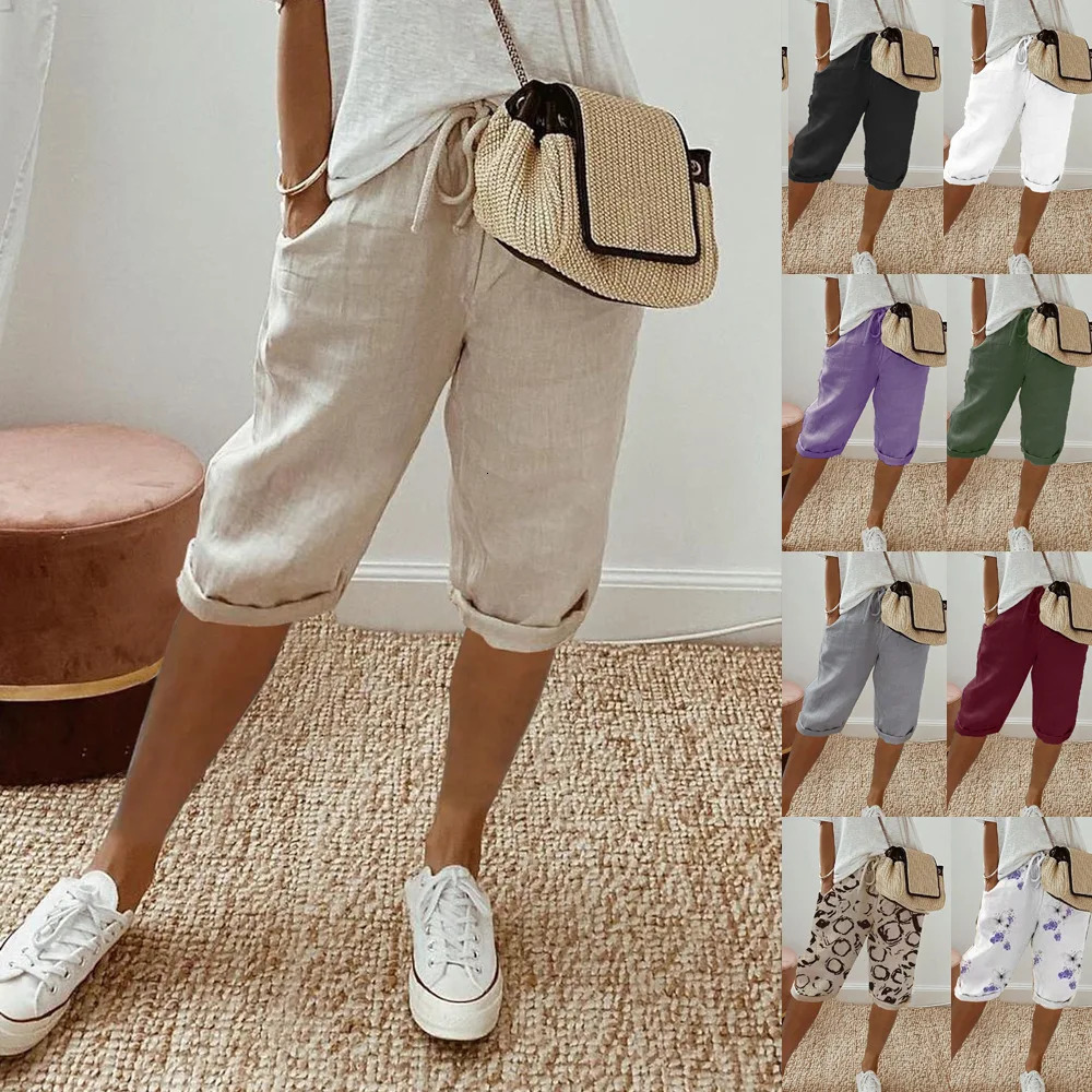 Shorts Women summer cotton linen elastic waist pocket elastic casual pants five quarter womens clothing YRW911 250614