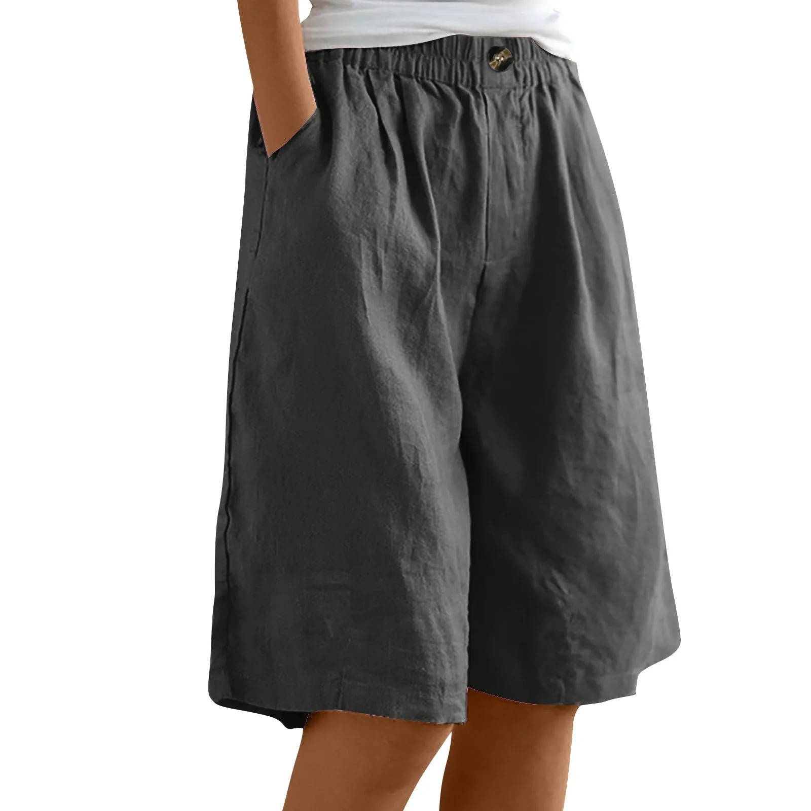 Womens Fashion Solid Color Pants Pocket Button Up Capris Loose Elastic Waist Cotton Linen Shorts 250614