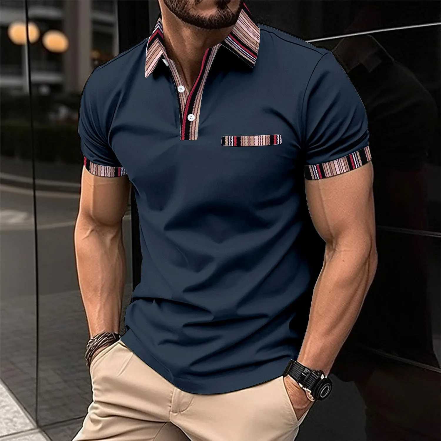 2024 New Cross border Mens Leisure Sports POLO Shirt with False Chest Pocket 3D Printed Collar Button Versatile Mens T-shirt W250616