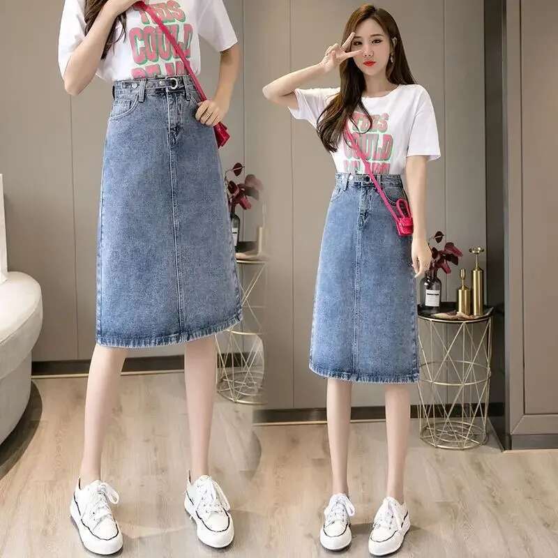 To Knees Length Sexy Zipper with Slit Coquette Midi Womens Denim Skirt Female Jeans Skirts Pocket Chubby Blue Summer 2024 V