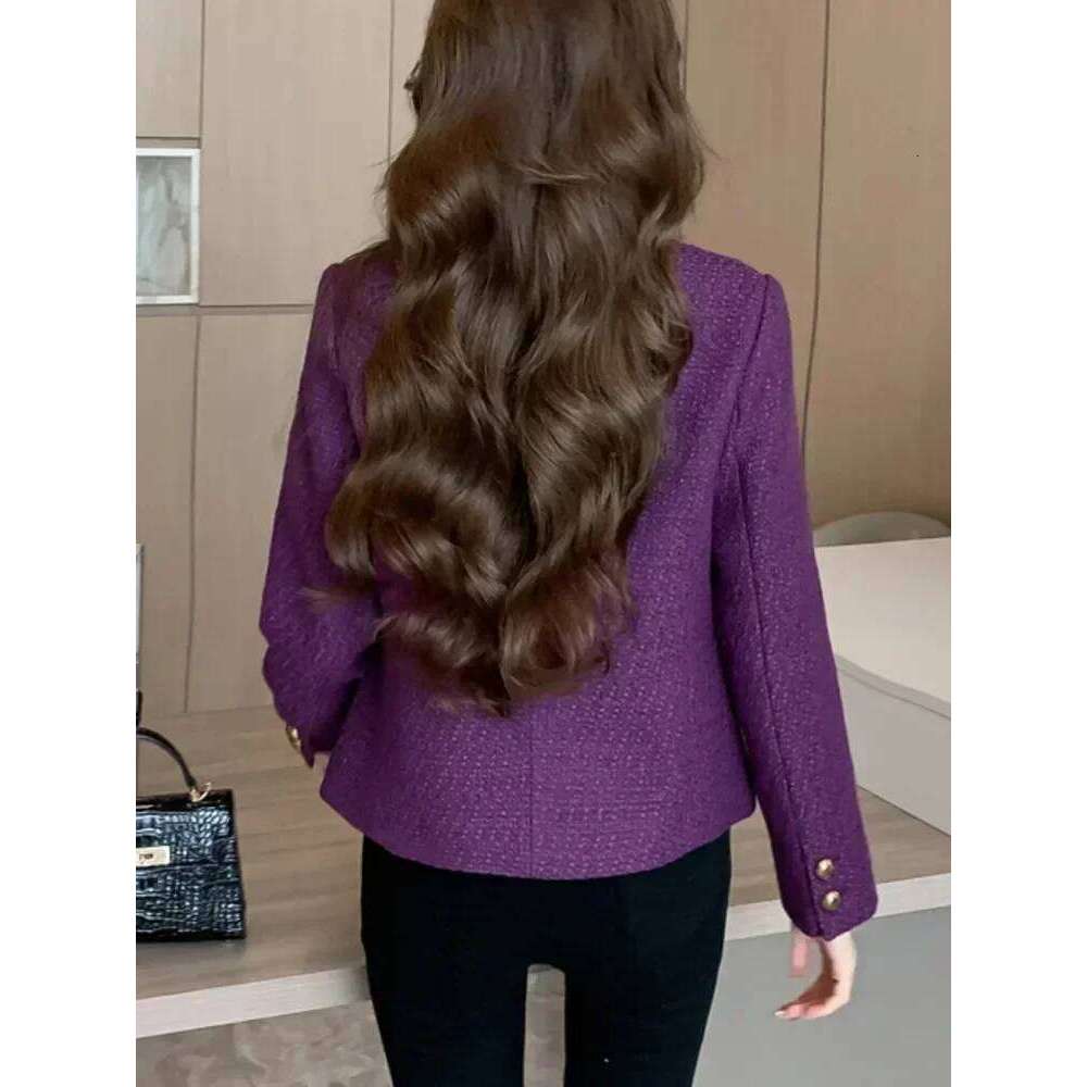 New Vintage Tweed Purple Jacket Women Long Sleeve Single Breasted Elegant Woolen Coat Korean Fashion Outwear Fall Winter