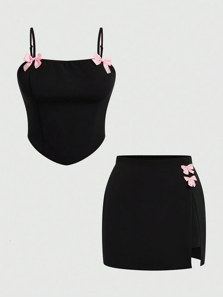 Plus Size 2025 Summer Womens Spring and Sexy Suspenders Top Bowknot Slit Half Skirt Romantic Girl Two Piece Set 250609