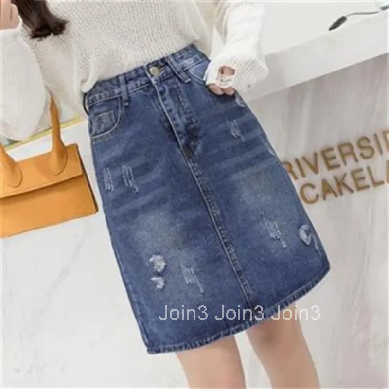 Womens Denim Skirt Zipper Blue with Pocket To Knees Length Chubby Ripped Midi Female Jeans Skirts New in Streetwear Aesthetic V