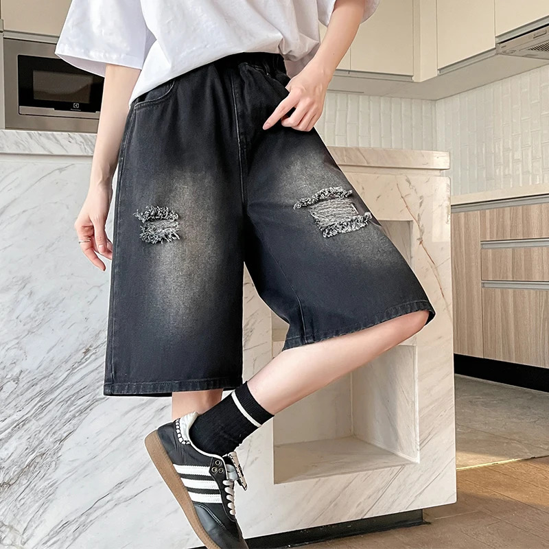M-6XL Plus Size Denim Shorts For Women Summer High Waist Black Hole Ripped Half Pants Women Black Bermuda Shorts 250609