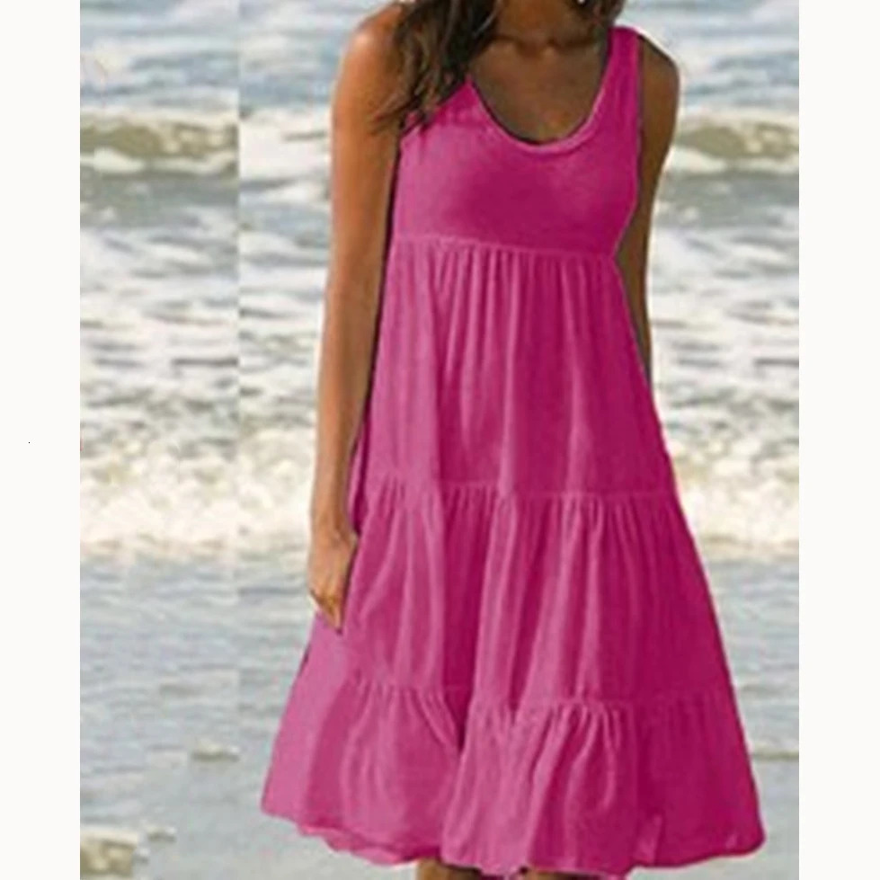 Women Casual O Neck Sleeveless Ruffles Mini Dress Boho Solid Beach Sundress Oversized Loose Dress Summer 250609