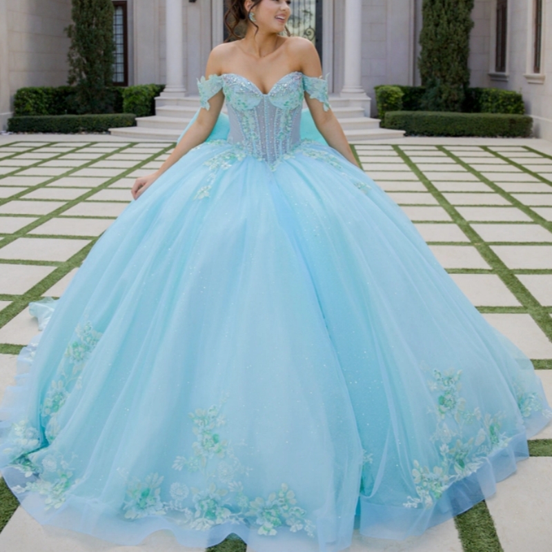 Light Blue Shiny Quinceanera Dresses Ball Gown Off The Shoulder Applique Lace Beads Bow Tull Sweet 16 Dress Vestidos 15 De Anos