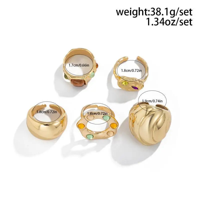 5Pcs/Set Vintage Irregular Metal Large Circular Rings for Women Men Colorful Rhinestone Opening Rings Punk Jewelry Accessories 250610