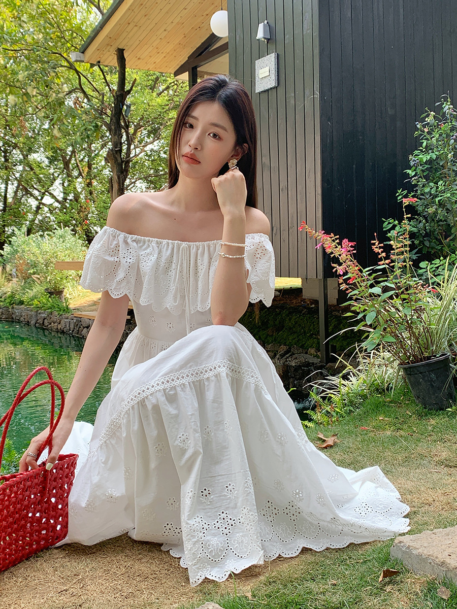 MM50 Summer Tea Break French Temperament Hollow Long Dress Super Fairy Ruffle One Shoulder Dress