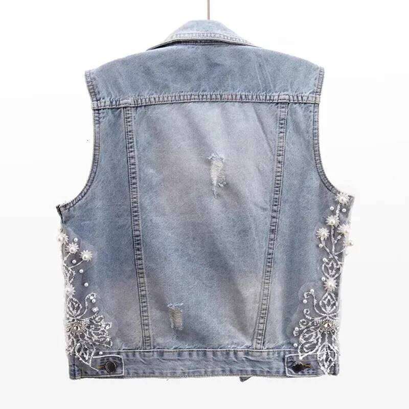 New Fashion Beaded Denim Vest For Women Haruku Trendy Vintage Short Sleeveless Ripped Jean Jackets Coat