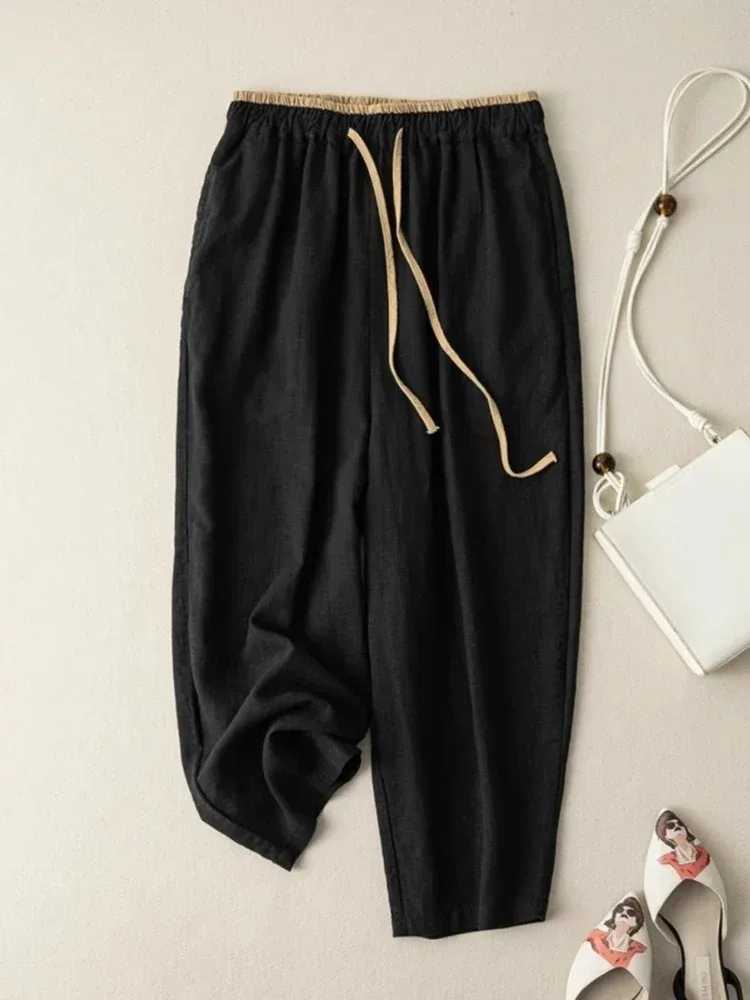 Summer Retro Cotton Linen Loose Harem Pants Elastic Drstring Waist Casual Pants Basic Versatility Wide-leg Ankle-Length PantsXJ250616