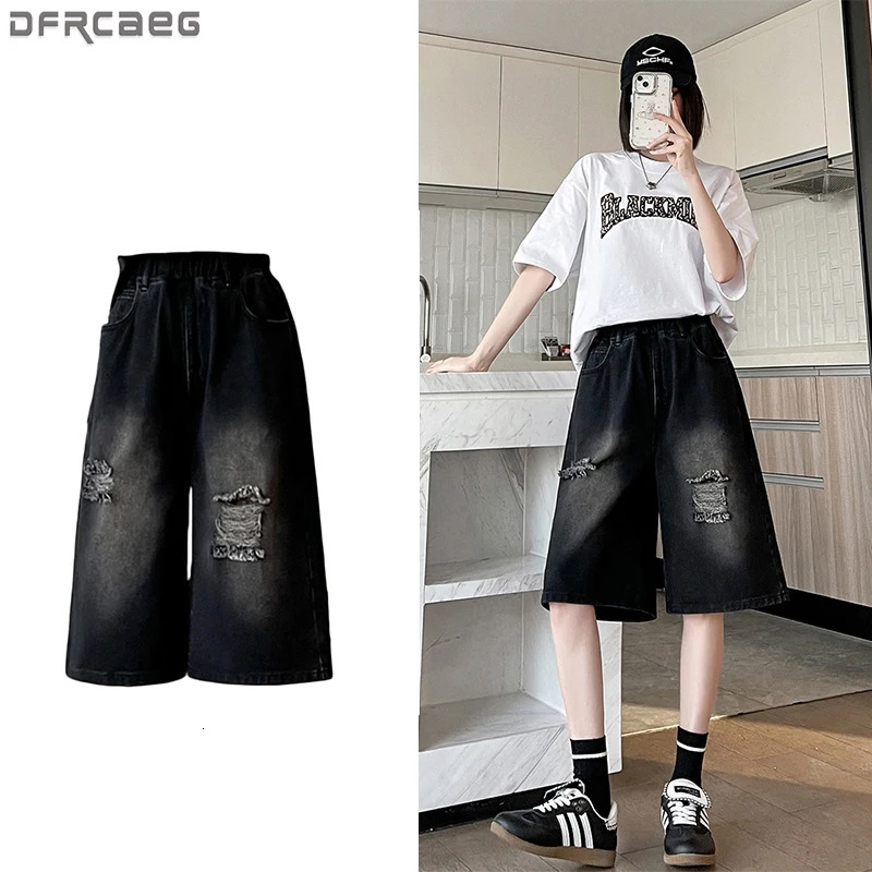 M-6XL Plus Size Denim Shorts For Women Summer High Waist Black Hole Ripped Half Pants Women Black Bermuda Shorts 250609