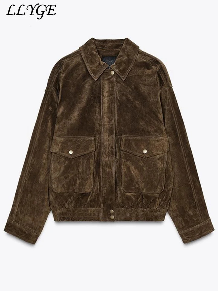 Vintage Womens Suede Bomber Jackets Fashion Lapel Zipper Full Sleeve Pocket Coats 2025 Spring Lady Elegant Casual Outwear 250614