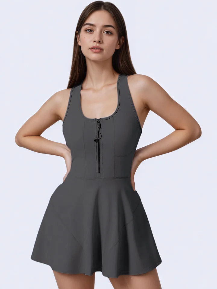 Fitfemme Womens Sleeveless Zipper Front Athletic Tennis Dress Quick Dry Flared Hem for Sports Casual Wear 250611