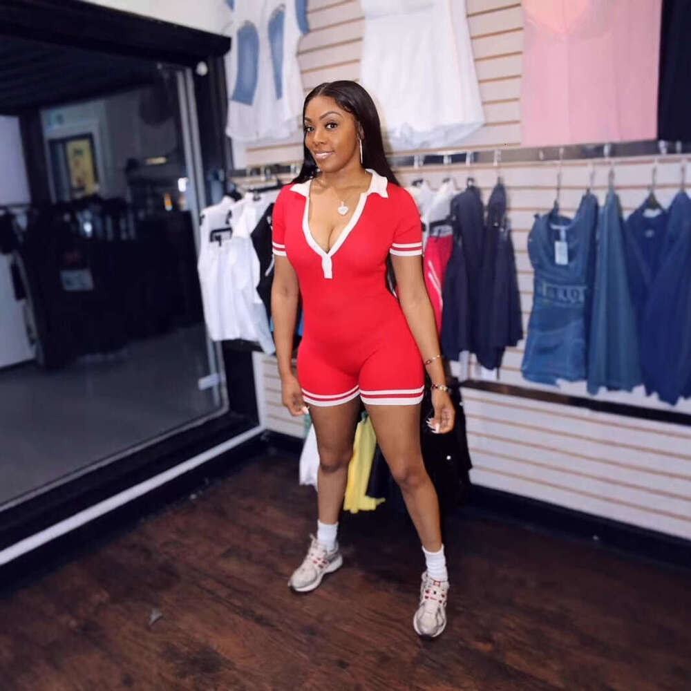 Summer New American Casual Solid Color Sexy Jumpsuit With Button V-Neck Short Sleeves B5