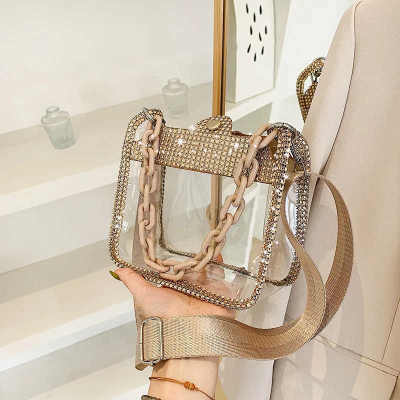 PVC Transparent Shoulder Crossbody Bag with Rhinestones Thick Chain Ladies Small Purse and Handbags Fashion Jelly Summer Beach Totes XJ2520616