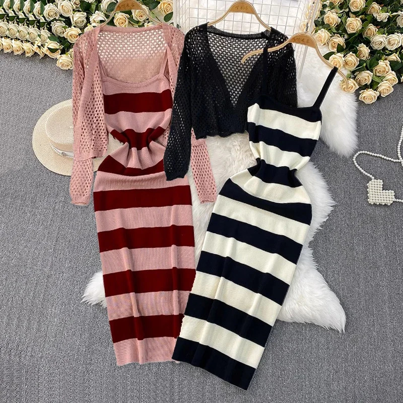 2025 Summer Women Hollow Out Knitted Solid Cardigan Tops Elatic Waist Bodycon Striped Strap Dress Two Pieces Sets 250609