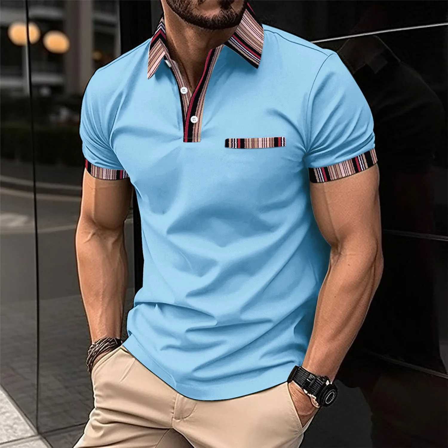 2024 New Cross border Mens Leisure Sports POLO Shirt with False Chest Pocket 3D Printed Collar Button Versatile Mens T-shirt W250616