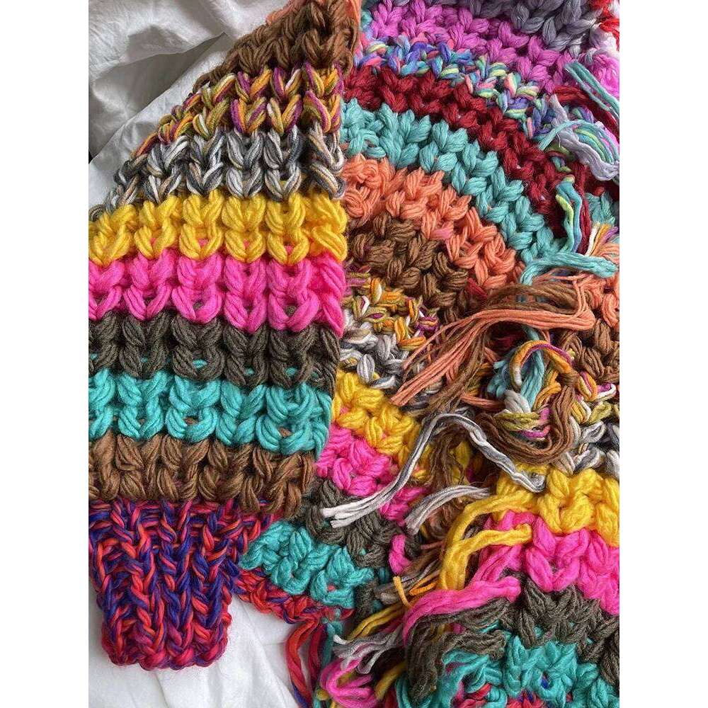 2025 Rainbow Color Tassel Front Chunky Knit Cardigan Winter Women Handmade Sweater Niche Design Knitwear Outfit