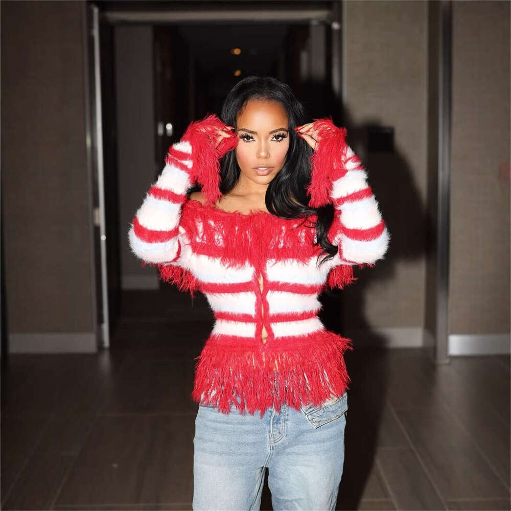 New Fashion Trend Color-Block Long Sleeve Slim Fit Fringe Design Off-Shoulder Sweater For Women B5