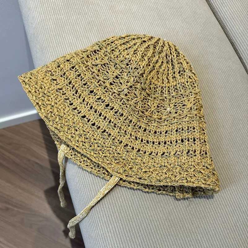 New Arrival Korean Mixed Color Woven Strap Bucket Hat Summer Breathable Hollow Casual Versatile Sunshade Foldable Knitted Sun Cap for Women U250616