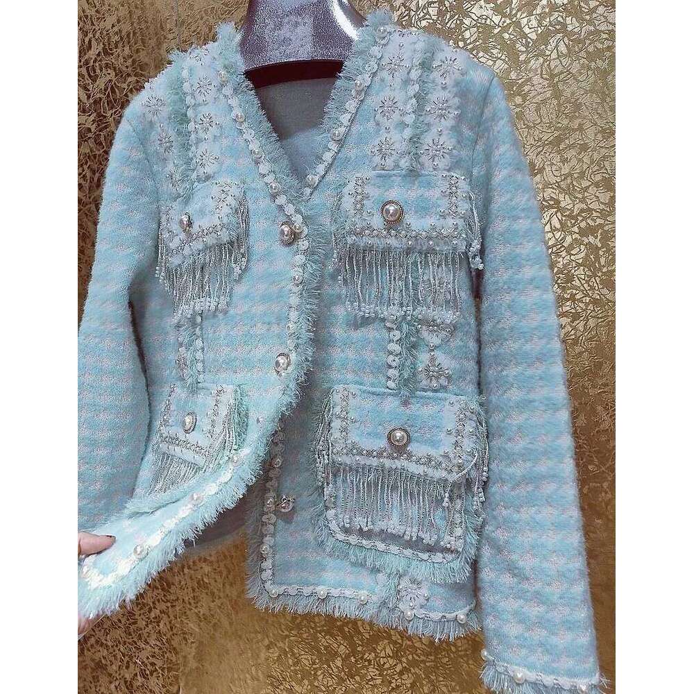 3D Flowers Embroidery Tassels Pearls Beaded Tweed Jacket Thick Lace Floral Dias Weave Cardigan Coat Fringed Edge Tops