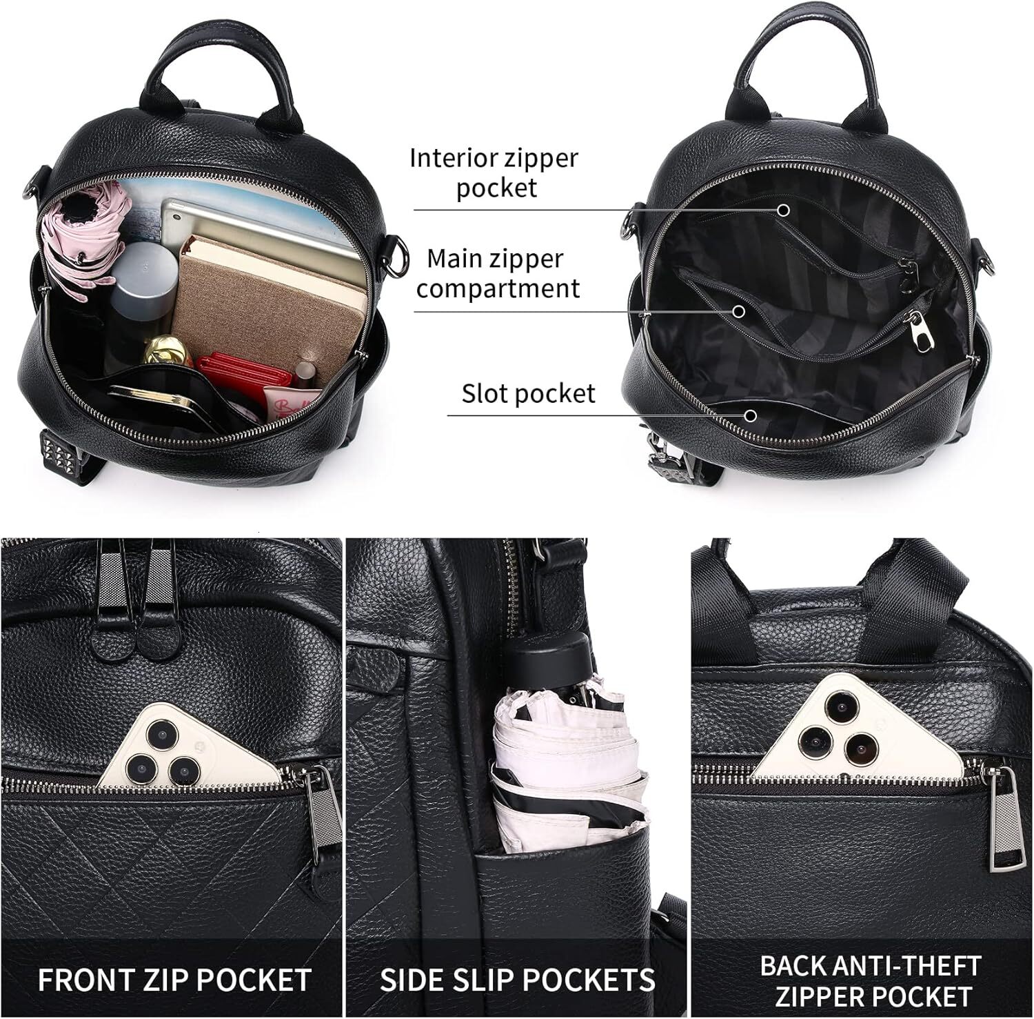 Wesccimo Genuine Backpack Purse For Women Black Quilted Real Soft Leather Fashion Designer Convertible Ladies Shoulder Bag