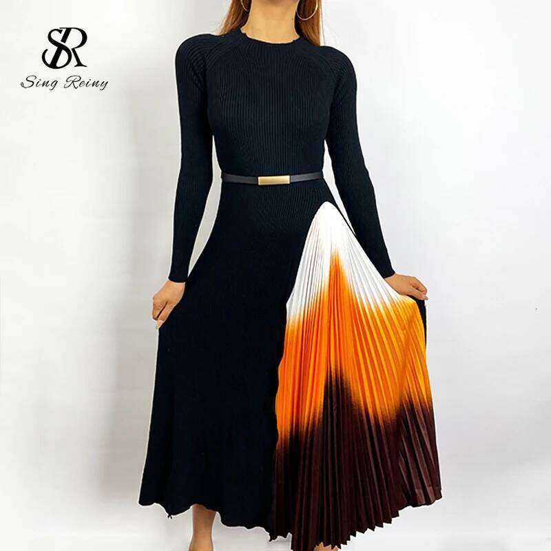 SINGREINY Women Elegant French Design Splice Gradient Pleated A-line Knitted Dresses Autumn Fashion Streetwear Midi Dress