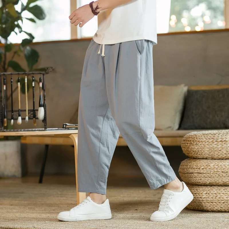 Mens Linen Lightweight Sweatpants Cotton Solid Color Breathable Joggers Men Baggy Pants Streetwear Long Trousers Men 250614