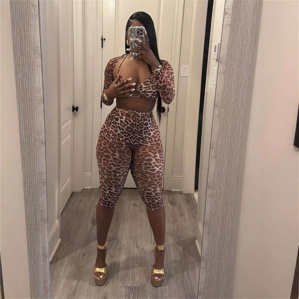 New Fashion Printed Slim Fit Stretch Sexy Leopard Print Wild Hot Girl Camisole Tight Pants Set For Women B5