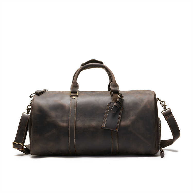 Top Layer Cowhide Crazy Horse Leather Travel Bag Large Capacity Gym Bag Shoe Compartment Outdoor Genuine Leather Mens Travel Duffel Bag
