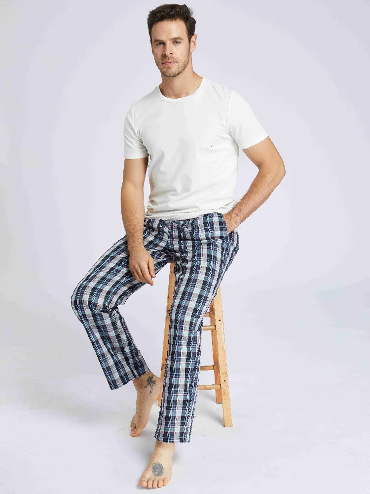 Mens Pajama Pants SpringSummer Checked 100 Cotton Thin Soft Comfortable Elastic Waistband with Pockets Home Lounge 250614