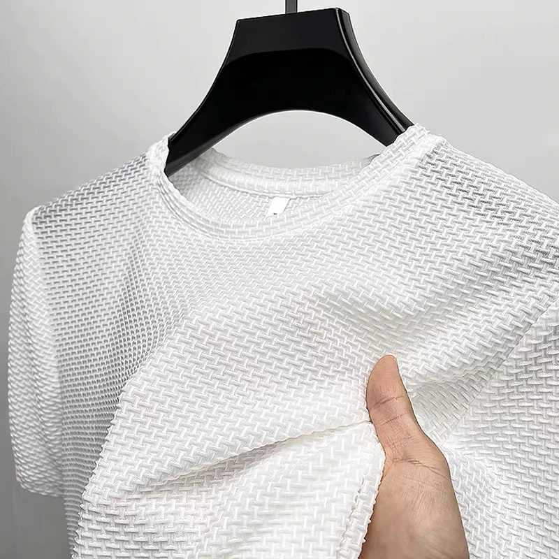 Ice silk bamboo mesh T-shirt mens short sleeved round neck high-end summer thin solid color basic youth fashion polo shirt W250616