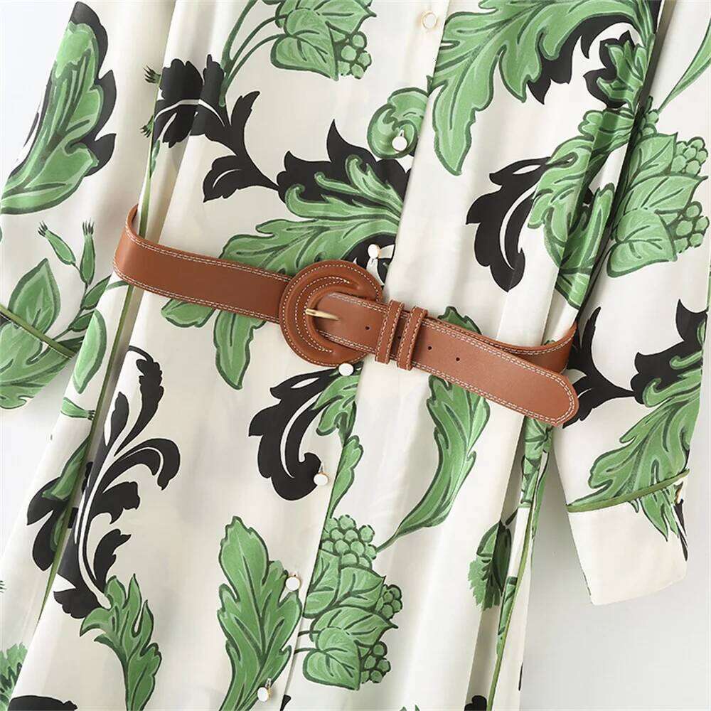 2025 Spring New Women's Casual Slim Flip Collar Long Sleeves With Belt Printed Shirt Style Dress