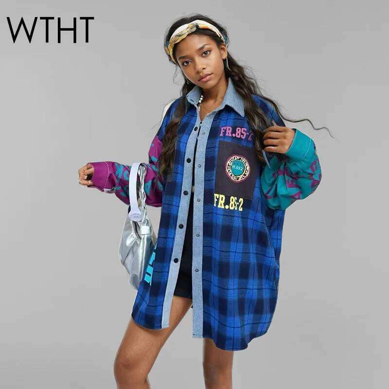 WTHT Trendy Women's Patchwork Contrast Color Plaid Print Design Loose Shirt 2025 Spring New Long Sleeves Blouse Female 1LS1002