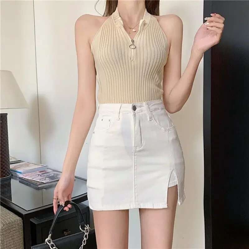With Slit Zipper Female Jeans Skirts Womens Denim Skirt Mini Short Gyaru High Waist Korean Style Casual Clothing Sales Modest V
