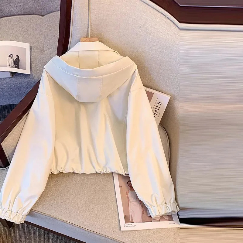 2025 Spring Autumn Coat Women Cropped Hooded Jacket Casual Thin Loose Clothes Windbreakers Female Tops Outerwear Overcoat 250614