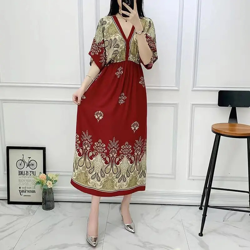 Casual Elegant Retro Bohemian National Style V-neck Elastic Waist Large Swing Printed Summer Long Skirt Woman Dress Clothes 250614
