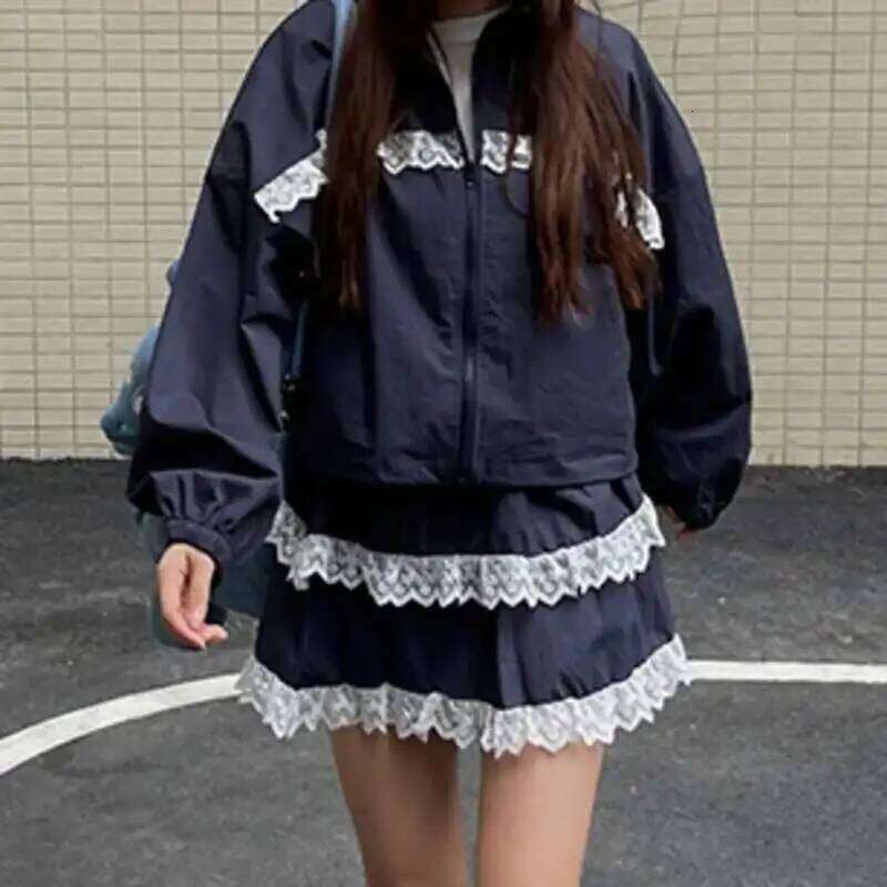 DEAT Fashion Two-piece Set Lace Edge Patchwork Jackets Female High Elastic Waist Short Cake Skirt For Women 11A03677