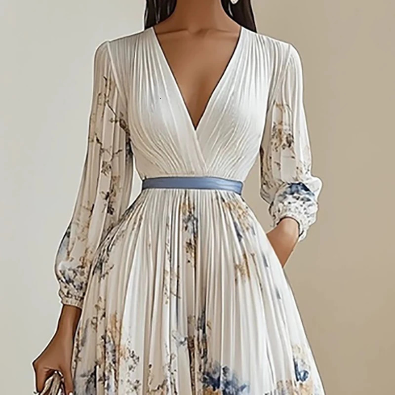 Spring Long Sleeve Boho Maxi Dress Woman Elegant Floral Print A-Line Pleated Dresses Sexy Deep V Neck High Waist Long Dress 250609