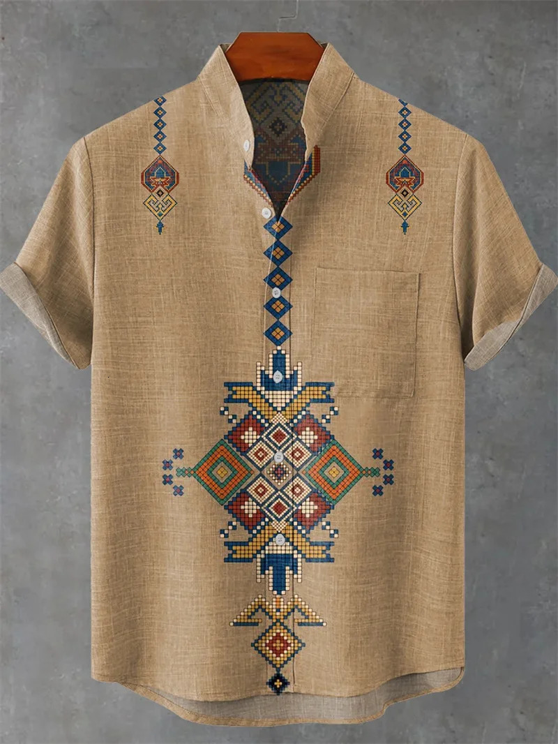 Selling Tiger Mens Linen Short Sleeved Shirt With Retro Pattern Printed Casual And Fashionable Top Trajes De Moda 250613Z