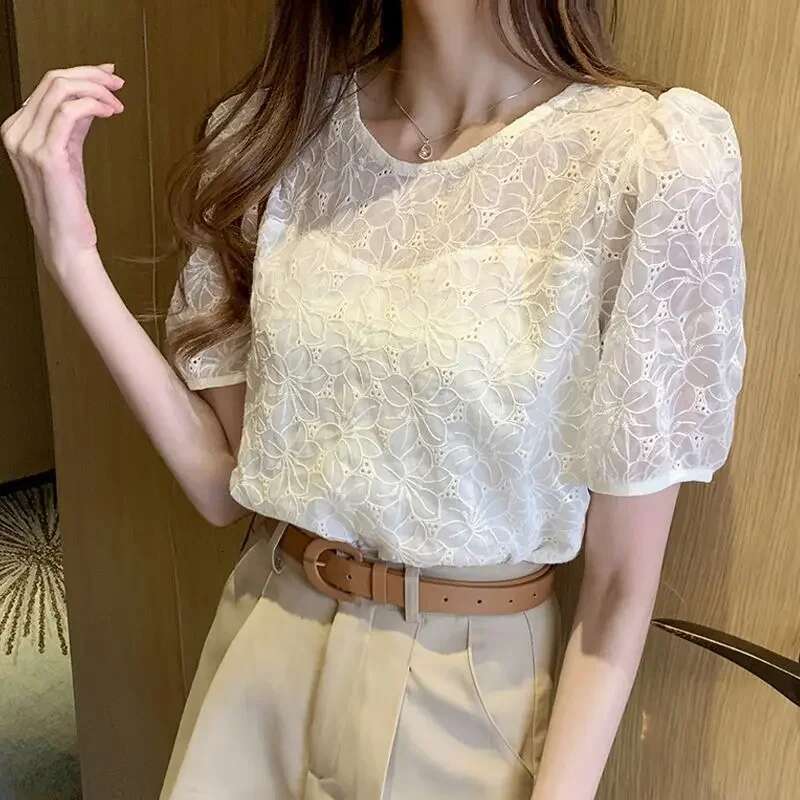Womens Shirt and Blouse with Puffy Sleeves See-through Female Tops White Summer Print Transparent Cute Elegant Xl Social Youth