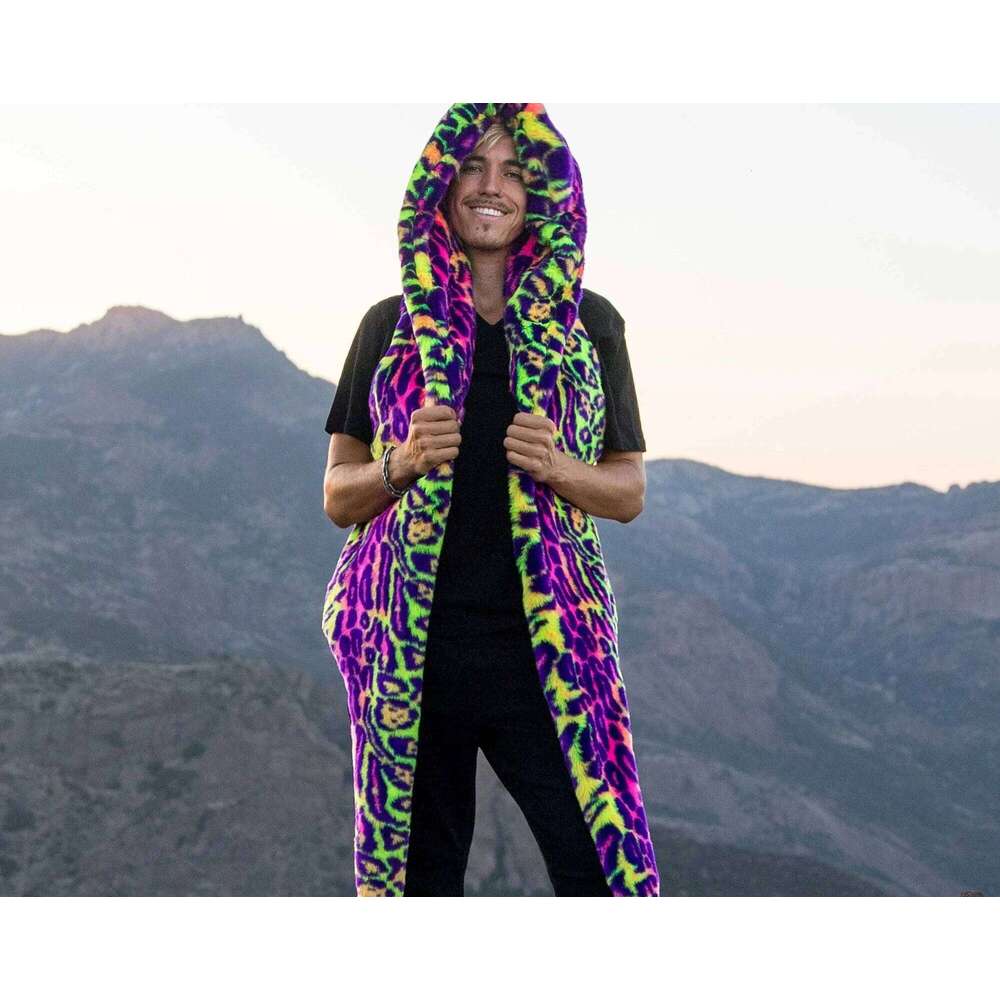 Kegular And Plus Size New fashionable men's artificial coat, personalized street hooded neon leopard print fur coat