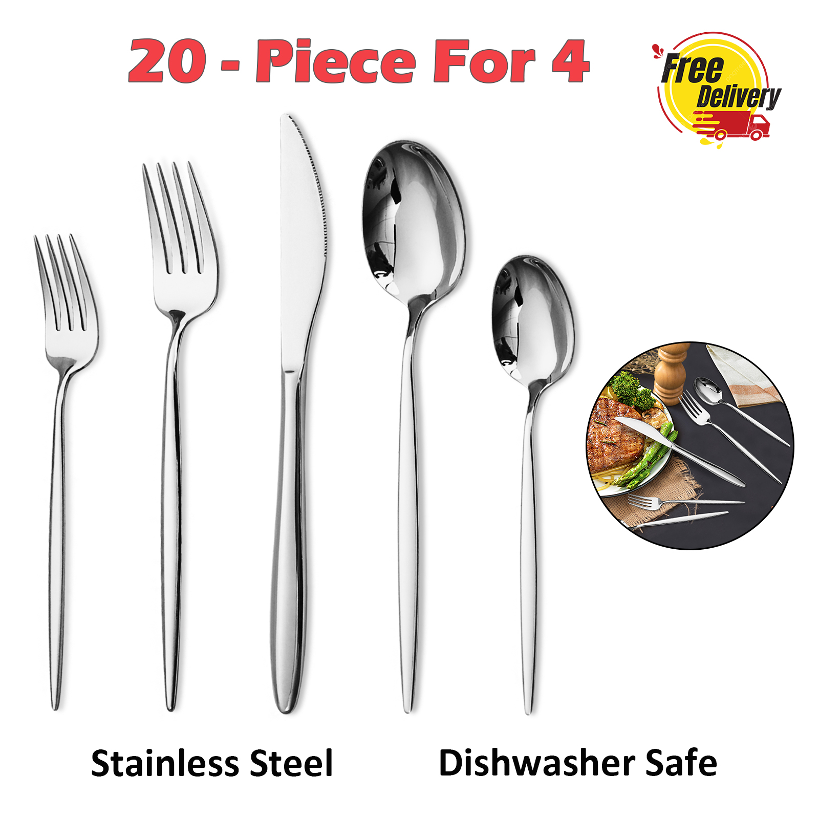 20Pcs Stainless Steel Flatware Set Service for 4, Dishwasher Safe Polished Silver Cutlery Set - Knives Forks Spoons(Ships from the U.S. with free ship