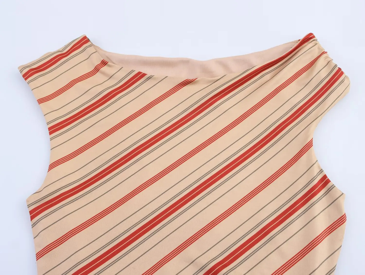 European and American style elastic slimfit oblique shoulder asymmetrical striped dress 250611